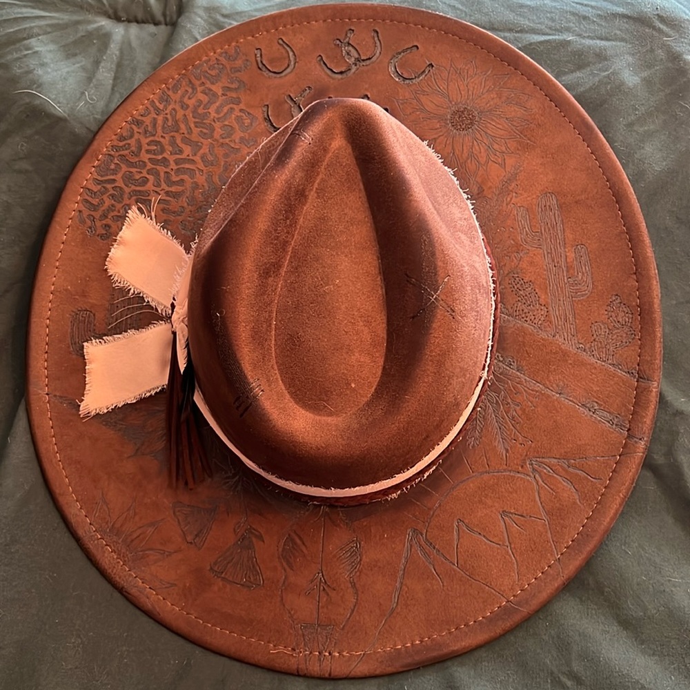 Custom Beautiful hand burnt hat I bought from an artist on Etsy. Adjustable.
